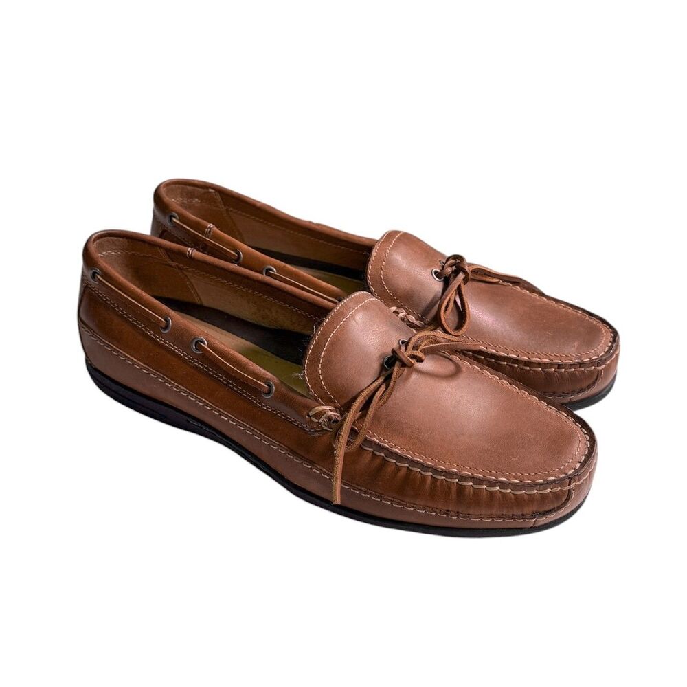 Johnston & Murphy Mens 12M Brown Leather Loafers Moc Toe Sheepskin Memory Foam
